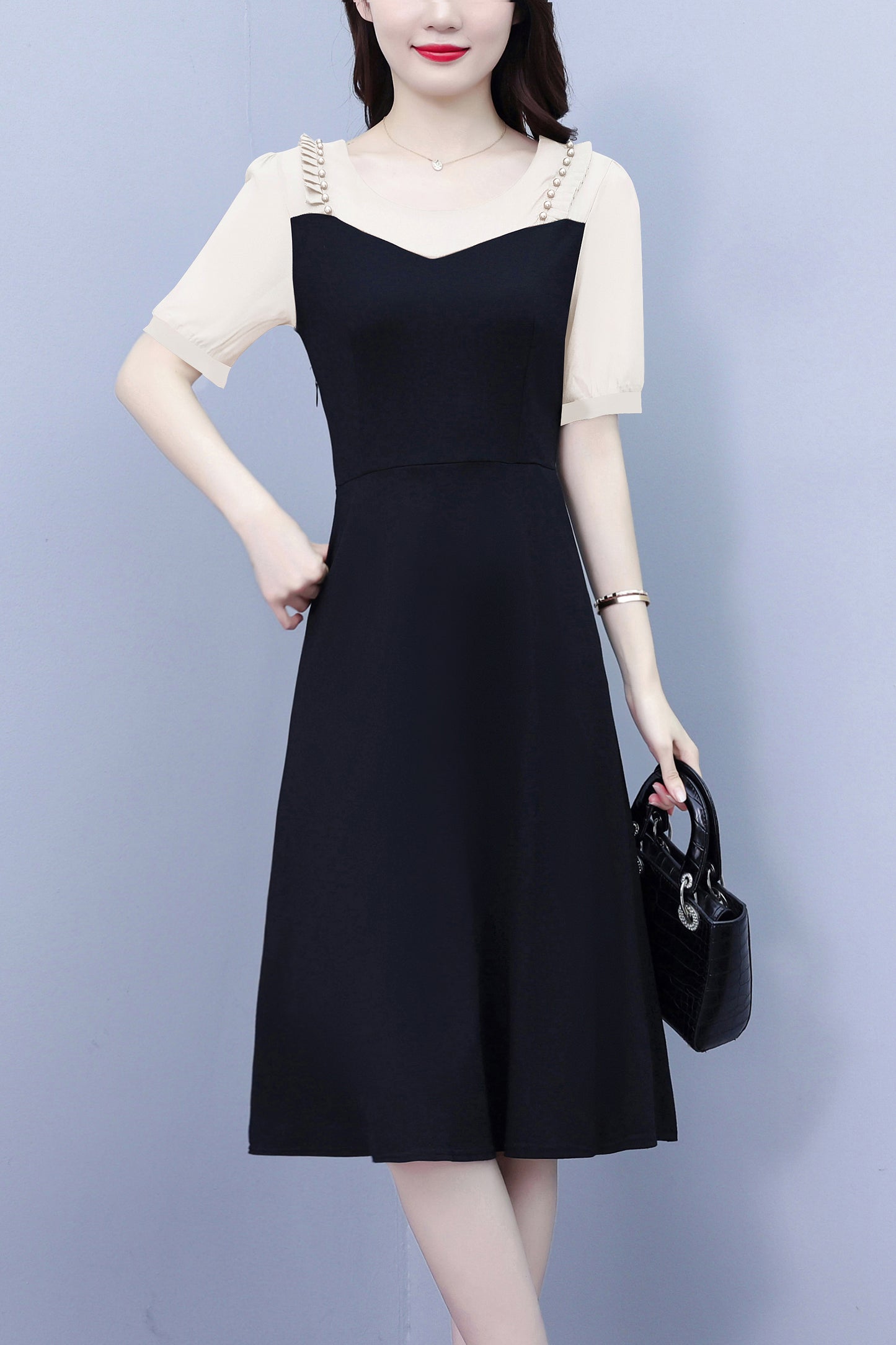 Women's Short Sleeve Pocket A-line Stretch Midi Dress