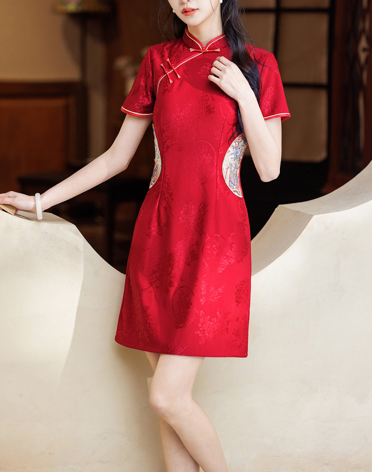Red Jacquard Cheongsam Dress Embroidered Short Sleeve Mini Dress