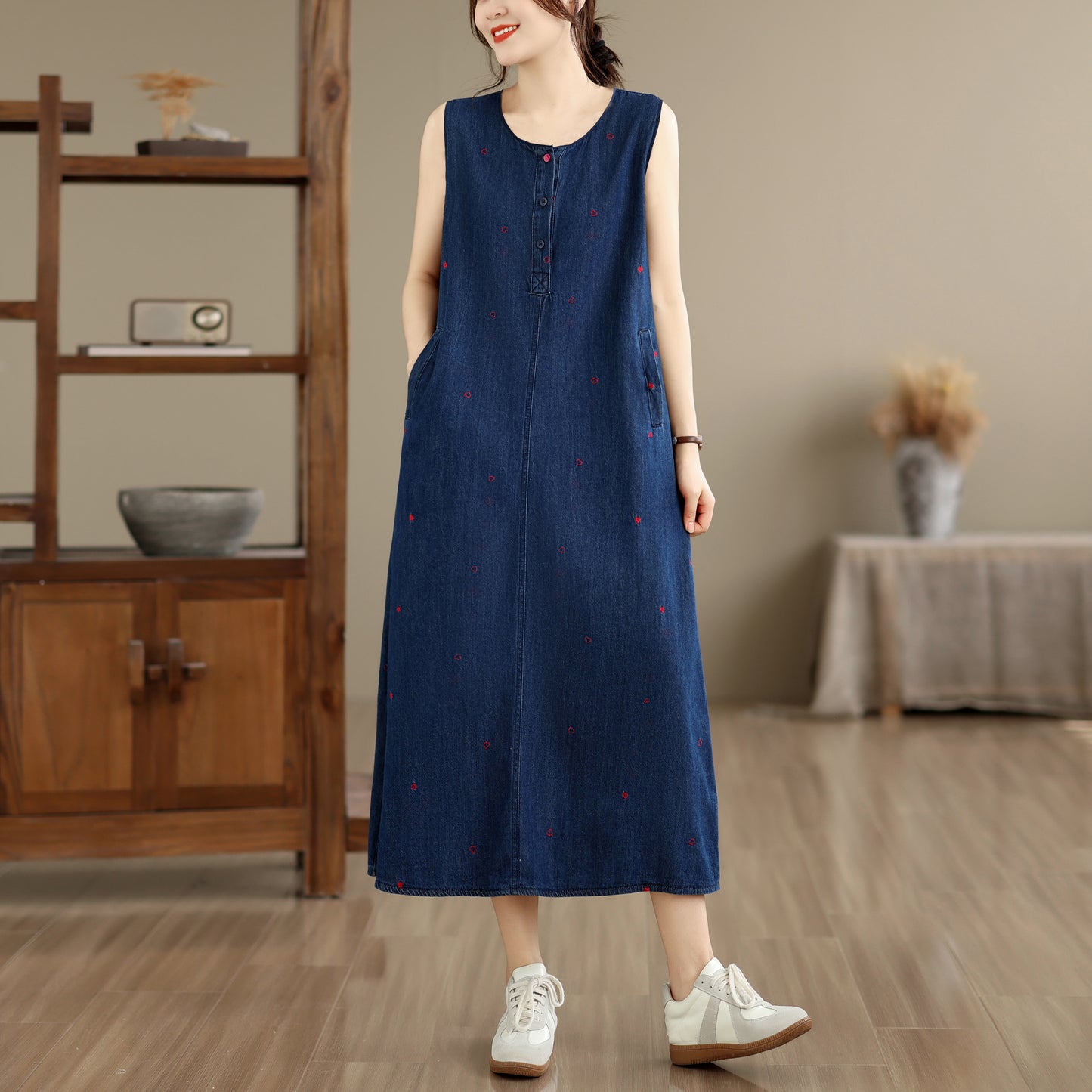 Sleeveless Denim Loose Lightweight Jean Midi Dress with Pockets