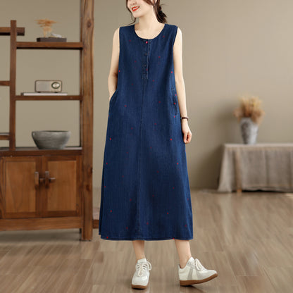 Sleeveless Denim Loose Lightweight Jean Midi Dress with Pockets