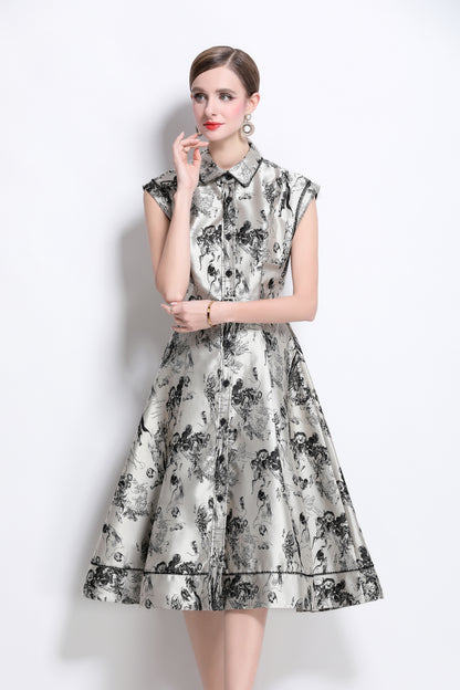 Women's Jacquard Cap Sleeve Button Rockabilly Dress