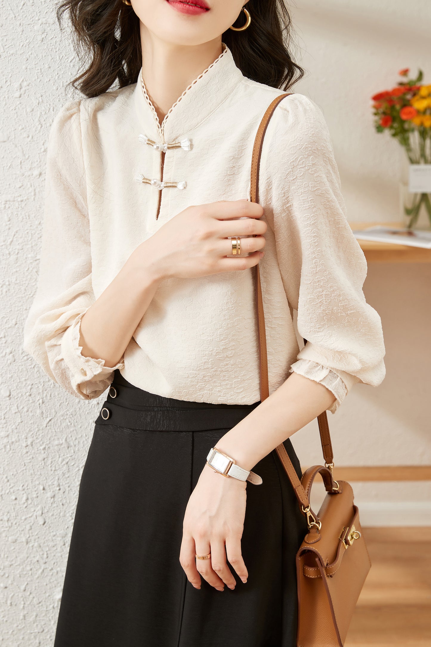 Women's Silk Satin Mandarin Collar Long Sleeve Blouse Top - LAI MENG FIVE CATS
