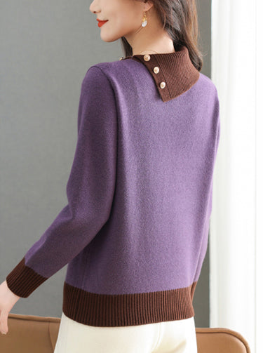 Chic Color-Block Knit Sweater – Asymmetric Neck Pullover Tops