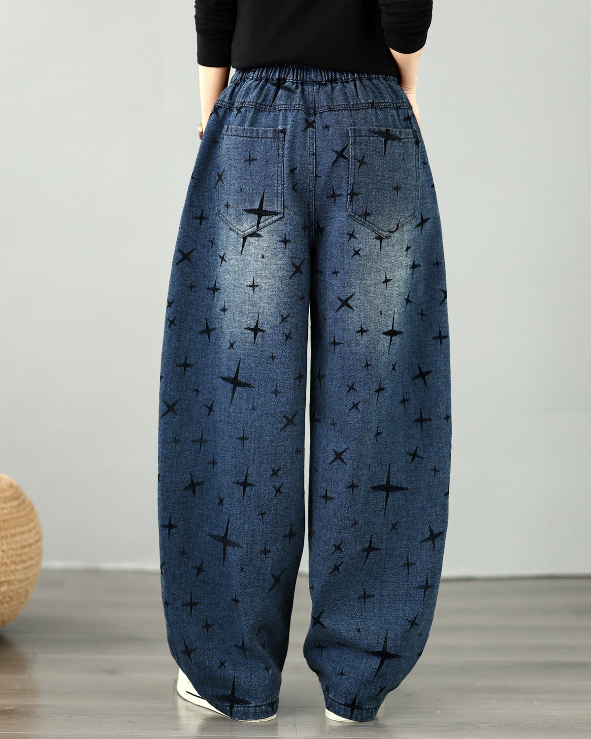 28676-Vintage Star Print Denim Wide Leg Pants with Drawstring Waist