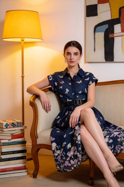 Elegant Navy Floral Shirt Midi Dress with Belt