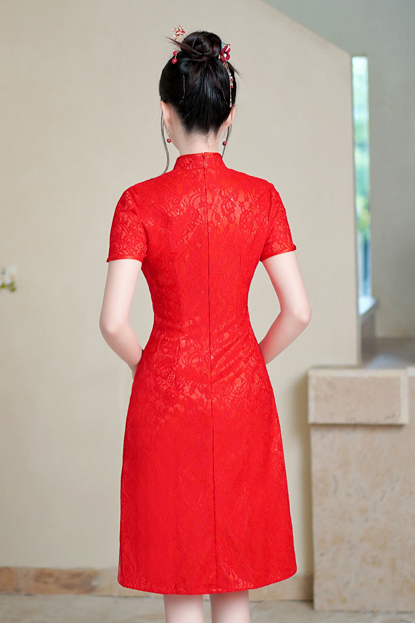 Women's Chinese Cheongsam Solid color Mini Lace Dress