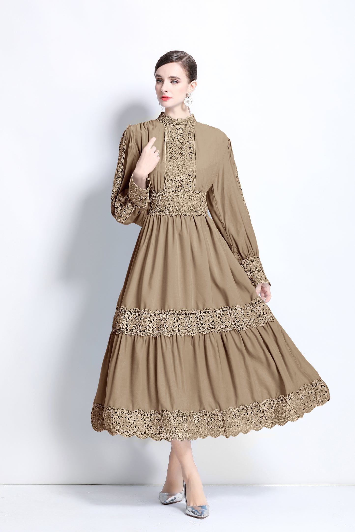 Women's lace Puff sleeve solid color maxi dress