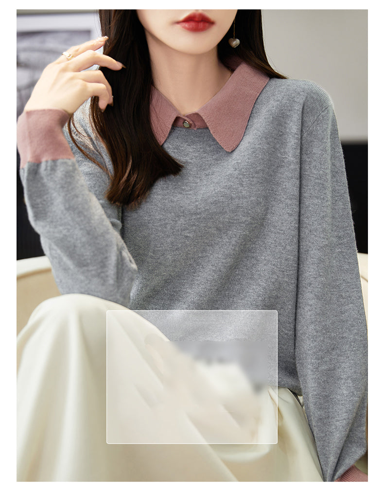 Contrast Collar Knit Sweater – Vintage Long Sleeve Pullover Top
