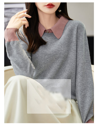Contrast Collar Knit Sweater – Vintage Long Sleeve Pullover Top