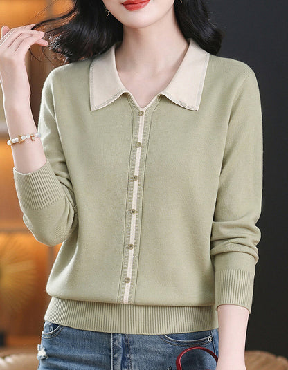 Chic Contrast Collar Knit Sweater Long Sleeve Pullover Top
