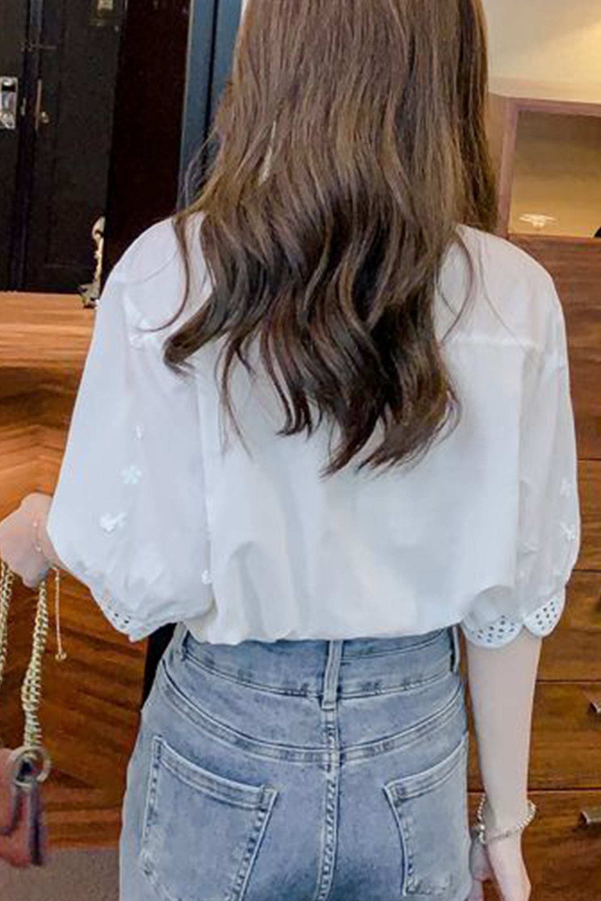 Women's V Neck Lace Tops 1/2 Sleeve Blouse - LAI MENG FIVE CATS