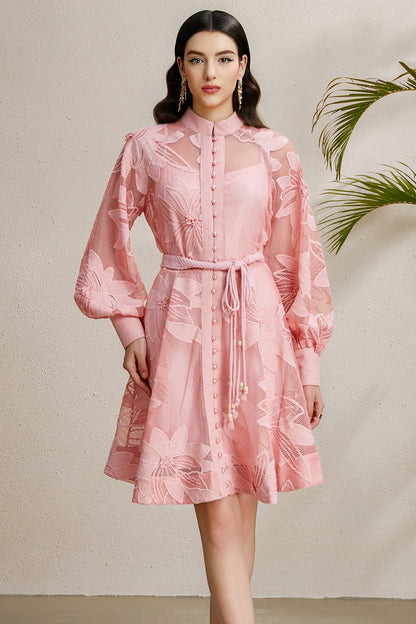 Women's Hollow Lace Floral Lantern Sleeve Mini Dress