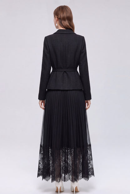 Elegant Two-Piece Pleated Skirt Suit Set for Women | Pink, Black & Beige