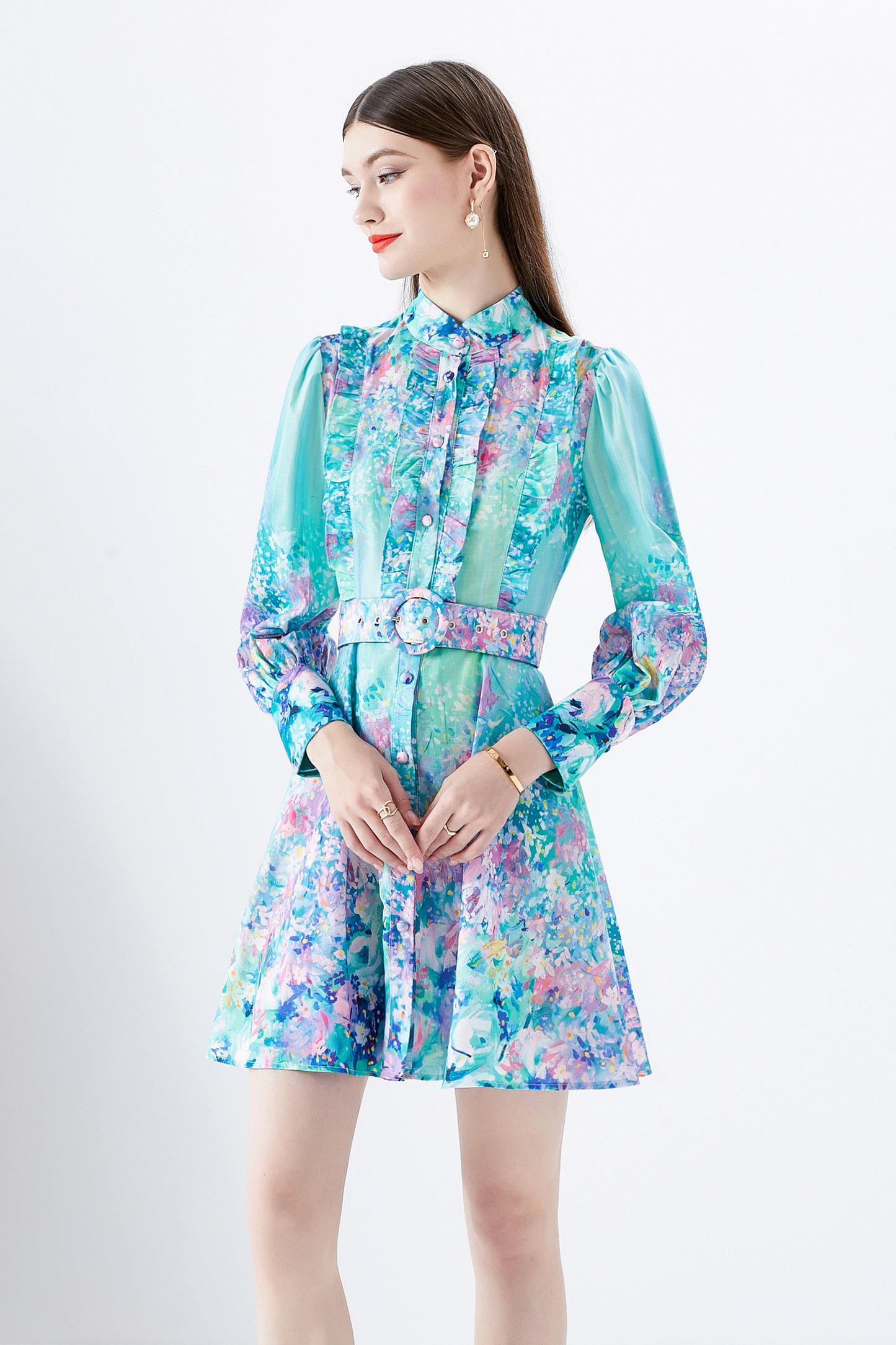 Women's Floral Print Button up Lantern Sleeve Mini Dress