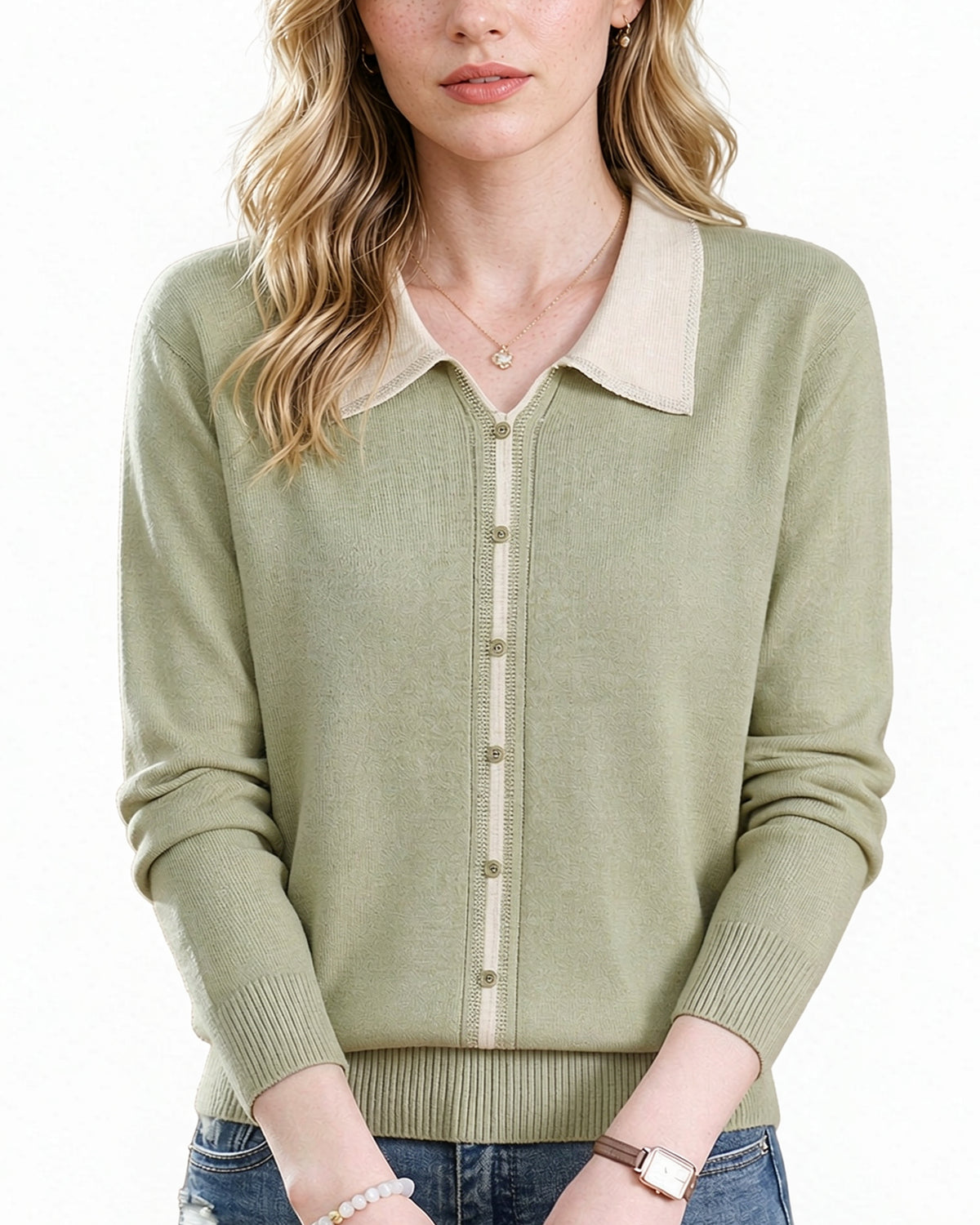 Chic Contrast Collar Knit Sweater Long Sleeve Pullover Top
