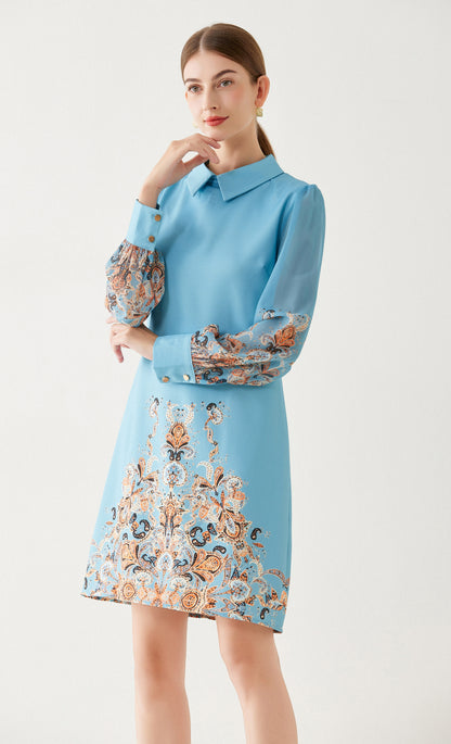 Blue Floral Mini Dress with Chiffon Sleeves - LAI MENG FIVE CATS
