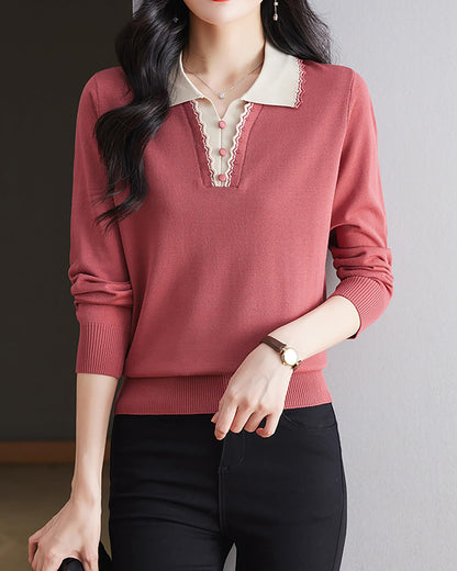 Women's Vintage Knit Top – Contrast Collar & Scalloped V-Neck
