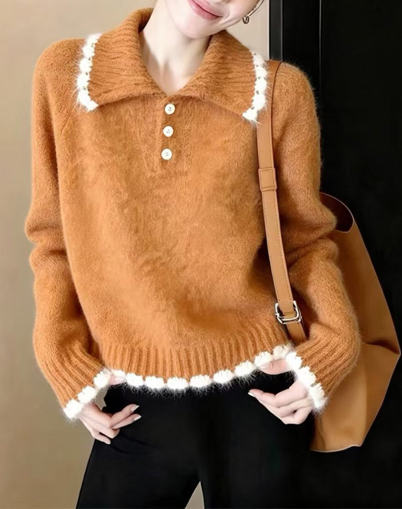 Contrast Trim Knit Polo Sweater | Soft Long Sleeve Pullover