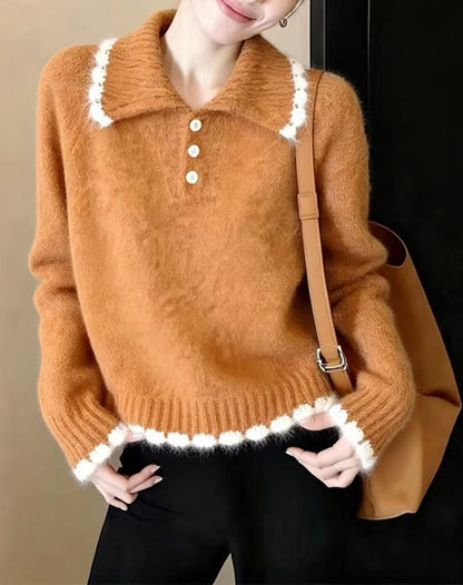 Contrast Trim Knit Polo Sweater | Soft Long Sleeve Pullover