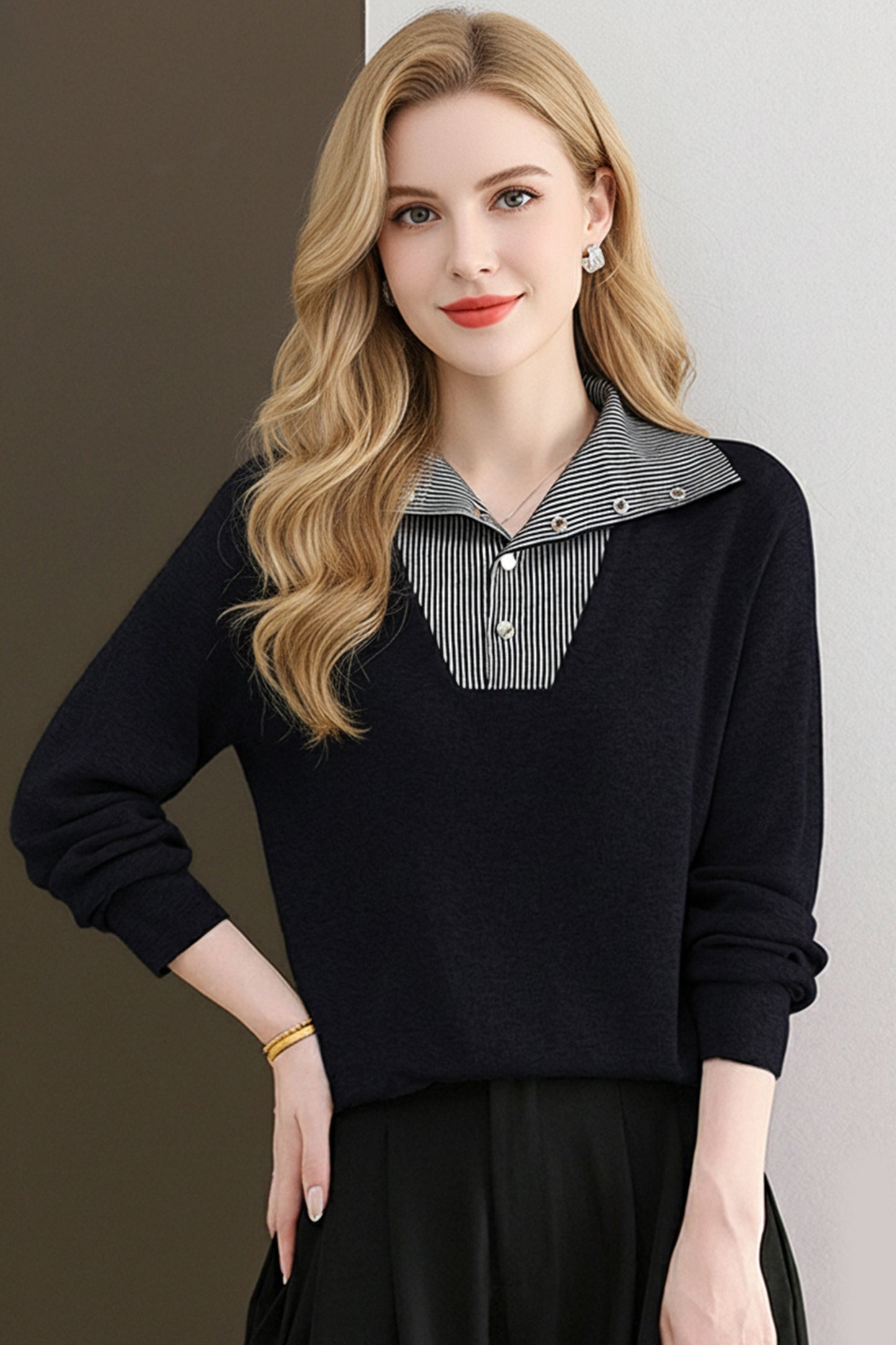Women's Long Sleeve Sweater Striped Knit Pullover Tops - LAI MENG FIVE CATS