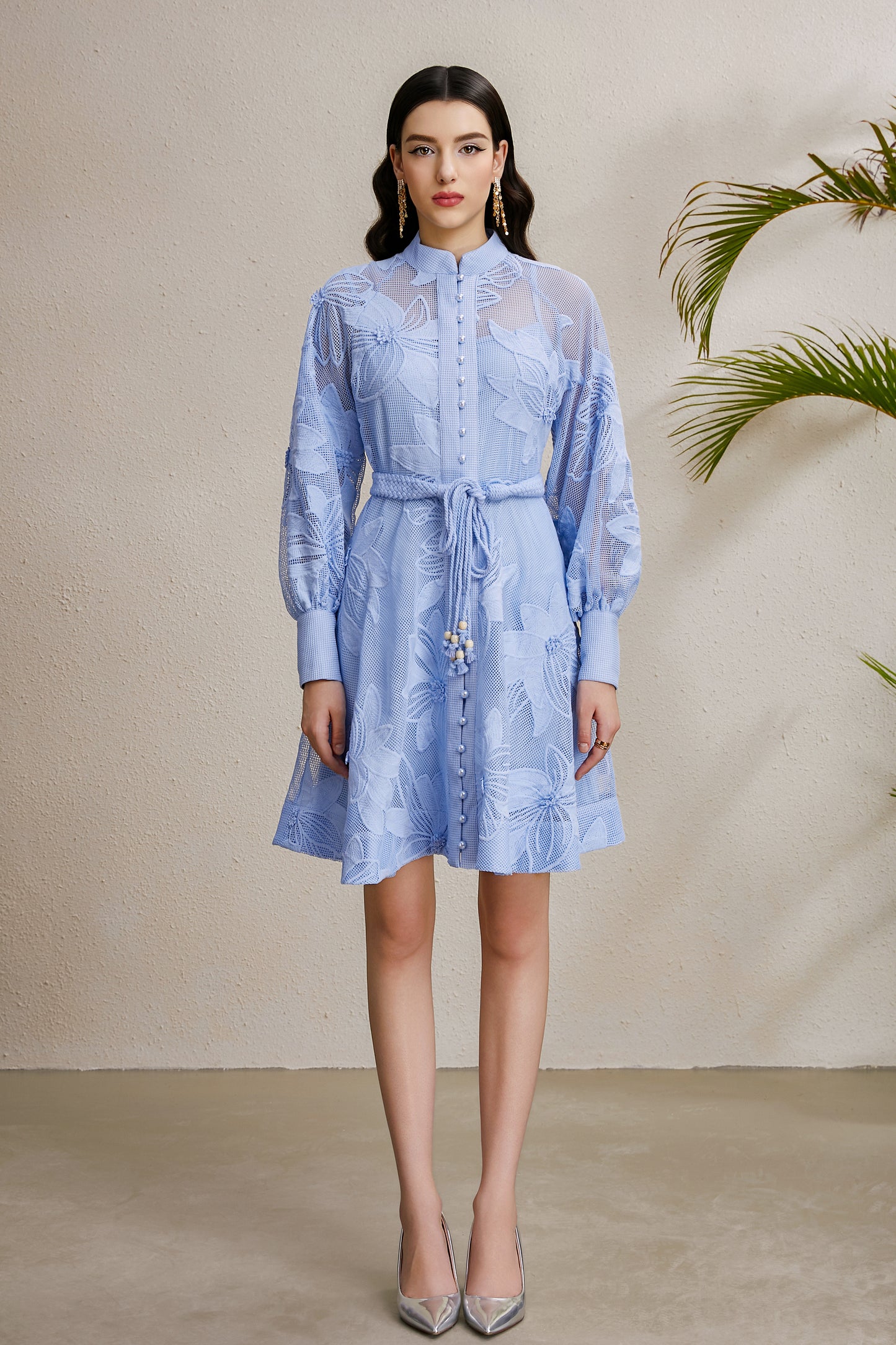Women's Hollow Lace Floral Lantern Sleeve Mini Dress