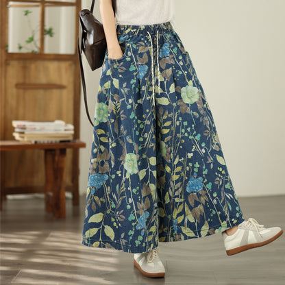 Women's Wide Leg Jeans Baggy Floral  Wasited Elastic Pants - LAI MENG FIVE CATS