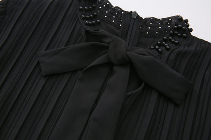 Women's Tie-neck Pleated Top Satin Gilded Party Long Dress - LAI MENG FIVE CATS