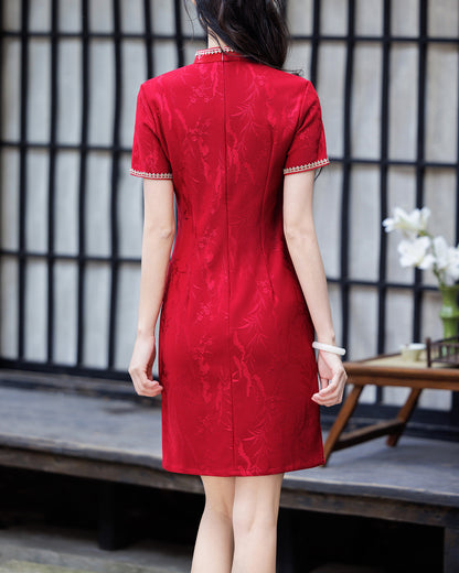 Women's Red Jacquard Cheongsam Mini Dress - Mandarin Collar Qipao Short Sleeve Chinese Dress