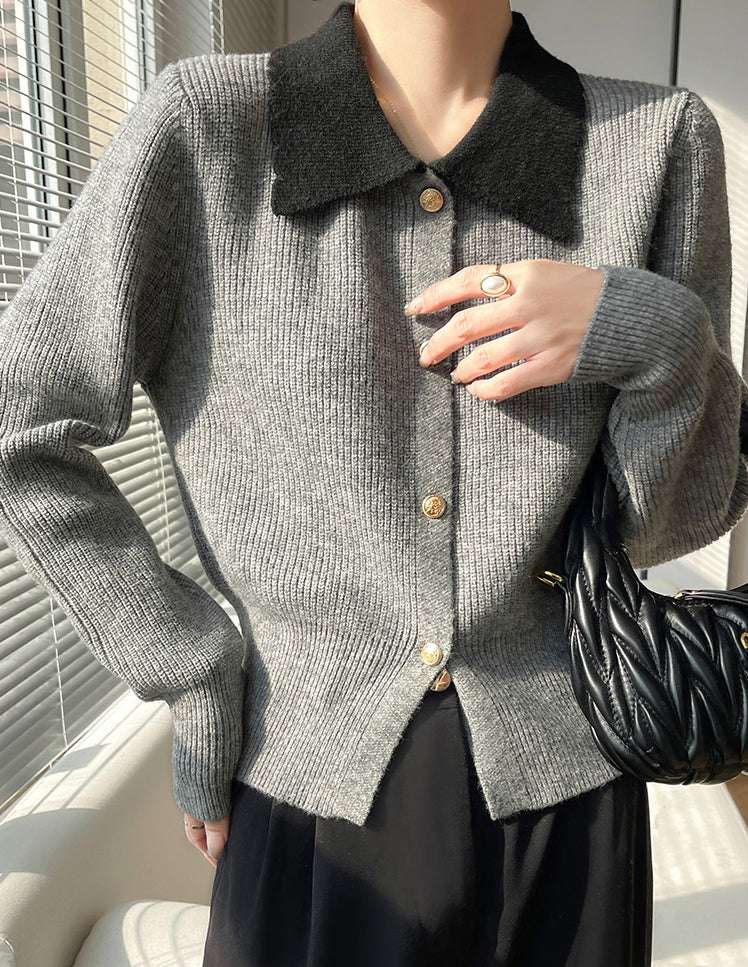 Chic Contrast Collar Knit Cardigan – Vintage Button Ribbed Sweater Top