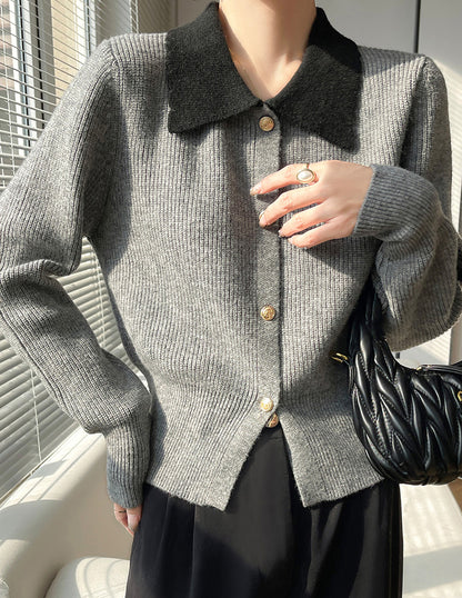 Chic Contrast Collar Knit Cardigan – Vintage Button Ribbed Sweater Top