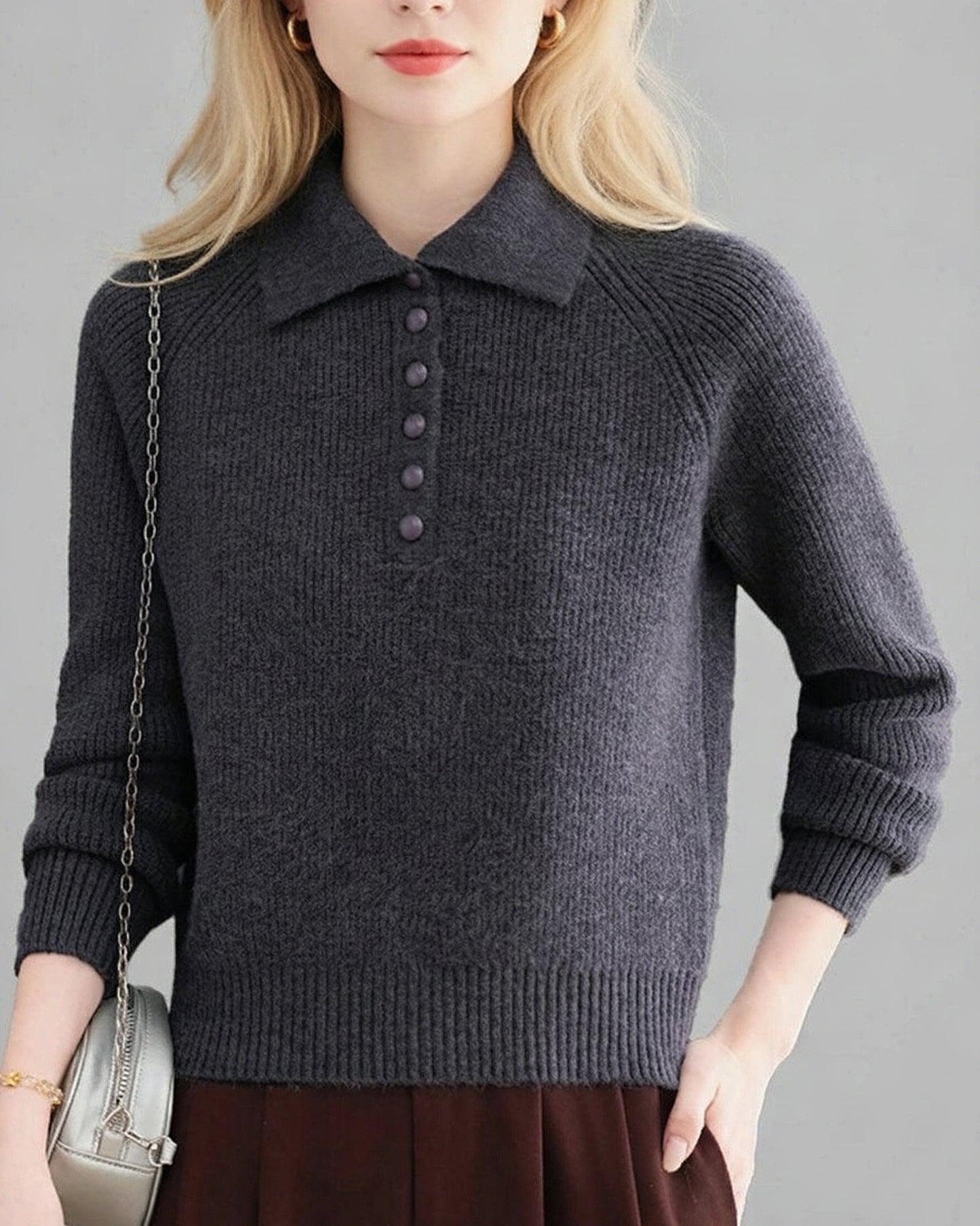 Women's Ribbed Knit Polo Top — Soft Button-Front Sweater