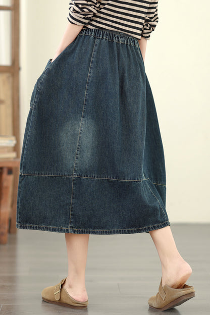 Women's Denim Drawstring Waist Pockets Jean Skirt