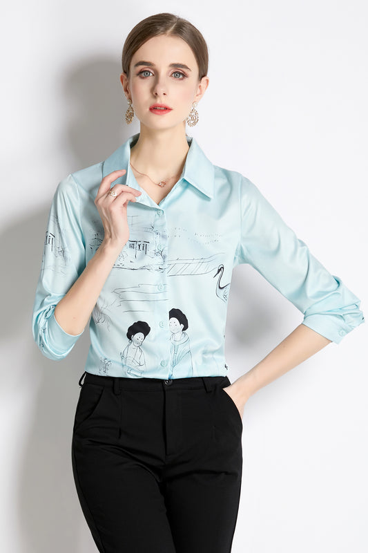 ESY-Women's Long Sleeve Lapel Collar Print Button Blouse