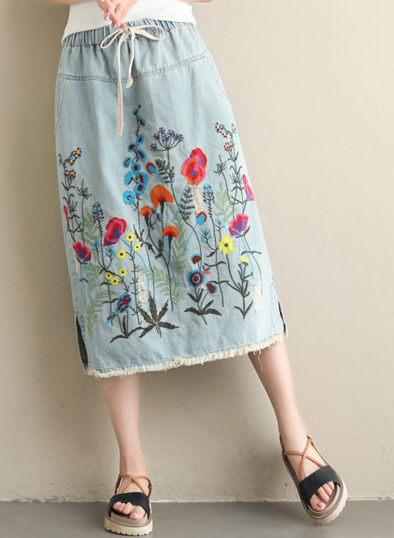 Embroidered Floral Denim Midi Skirt