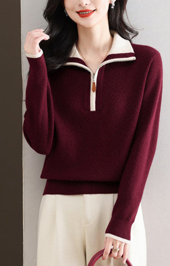Contrast Collar Half-Zip Knit Sweater – Chic Colorblock Ribbed Pullover