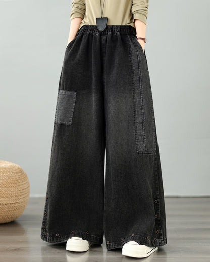 28667-Vintage Denim Wide-Leg Pants with Buttons Trim & Patch Pockets