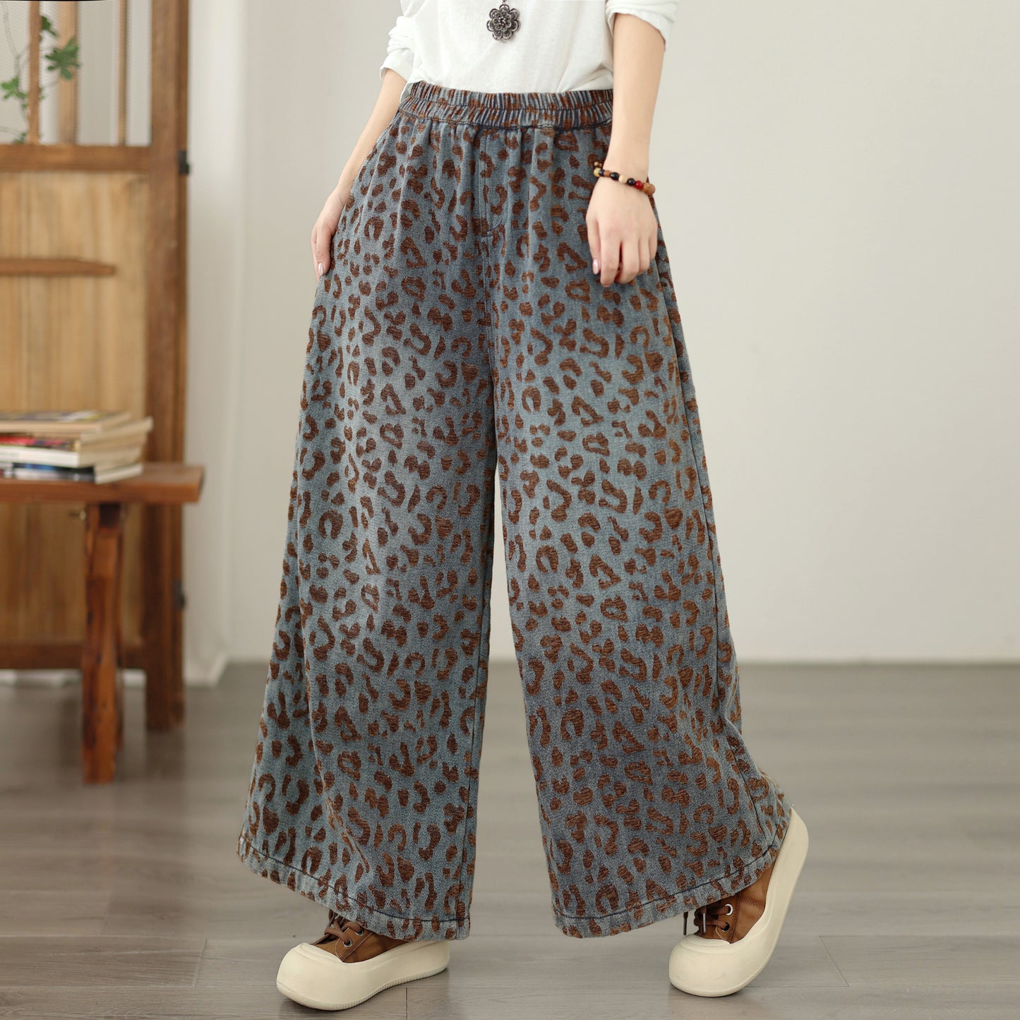 Vintage Leopard Print Denim Wide Leg Pants Casual Loose Jeans