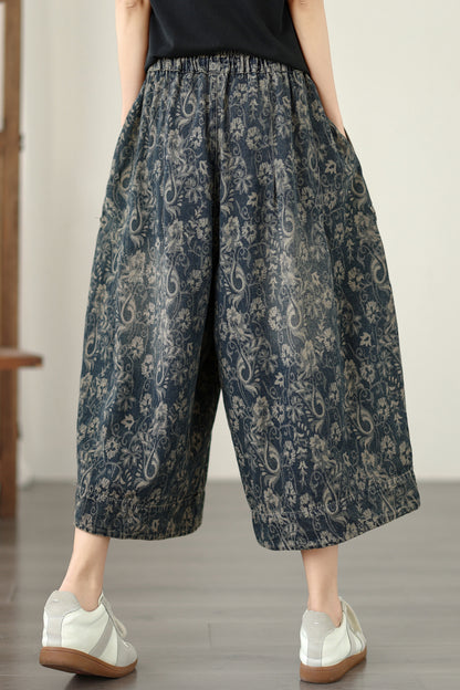 Paisley Print Cropped Wide Leg Denim Pants