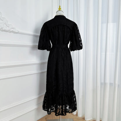 Loose Lace Midi Dress with Front Buttons, Ruffle Hem & Fully Lined - LAI MENG FIVE CATS