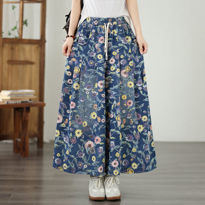 Women's Wide Leg Jeans Baggy Floral Wasited Elastic Pants - LAI MENG FIVE CATS