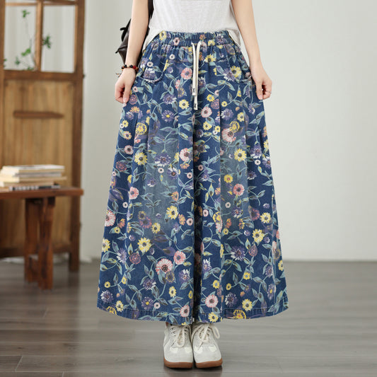 Women's Wide Leg Jeans Baggy Floral Wasited Elastic Pants - LAI MENG FIVE CATS