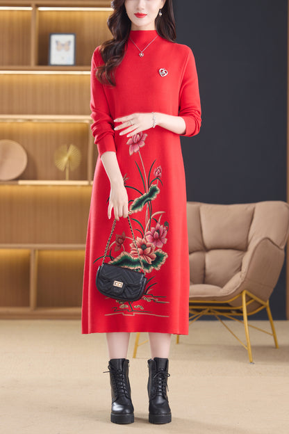 Women's Turtleneck Sweater Long Sleeve Red Dress