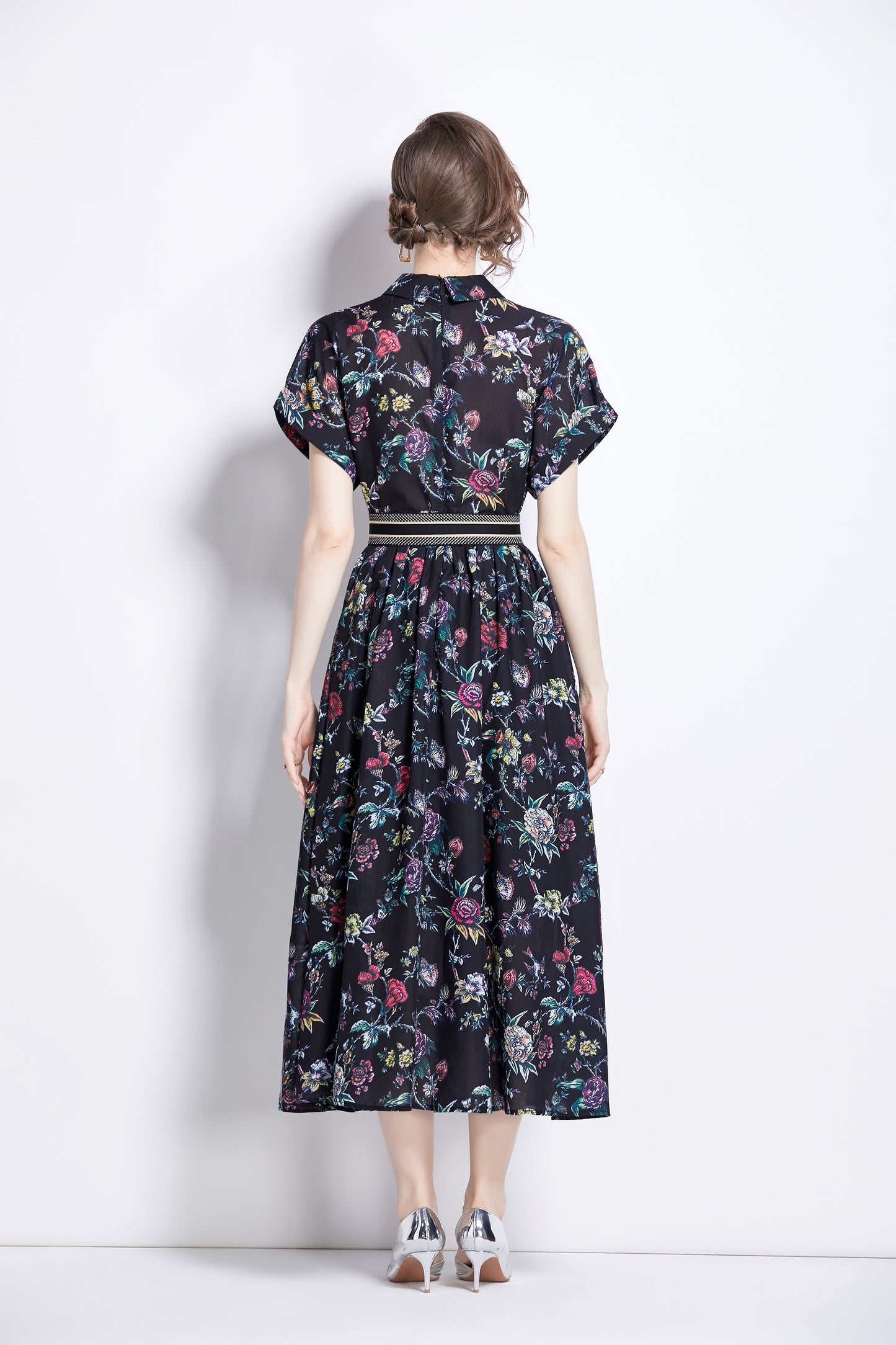 Women's Short Sleeves Collar Printed Midi Dress