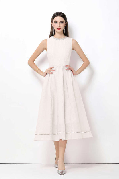 Elegant Pearl Trim A-Line Midi Dress - LAI MENG FIVE CATS