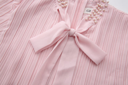 Women's Tie-neck Pleated Top Satin Gilded Party Long Dress - LAI MENG FIVE CATS