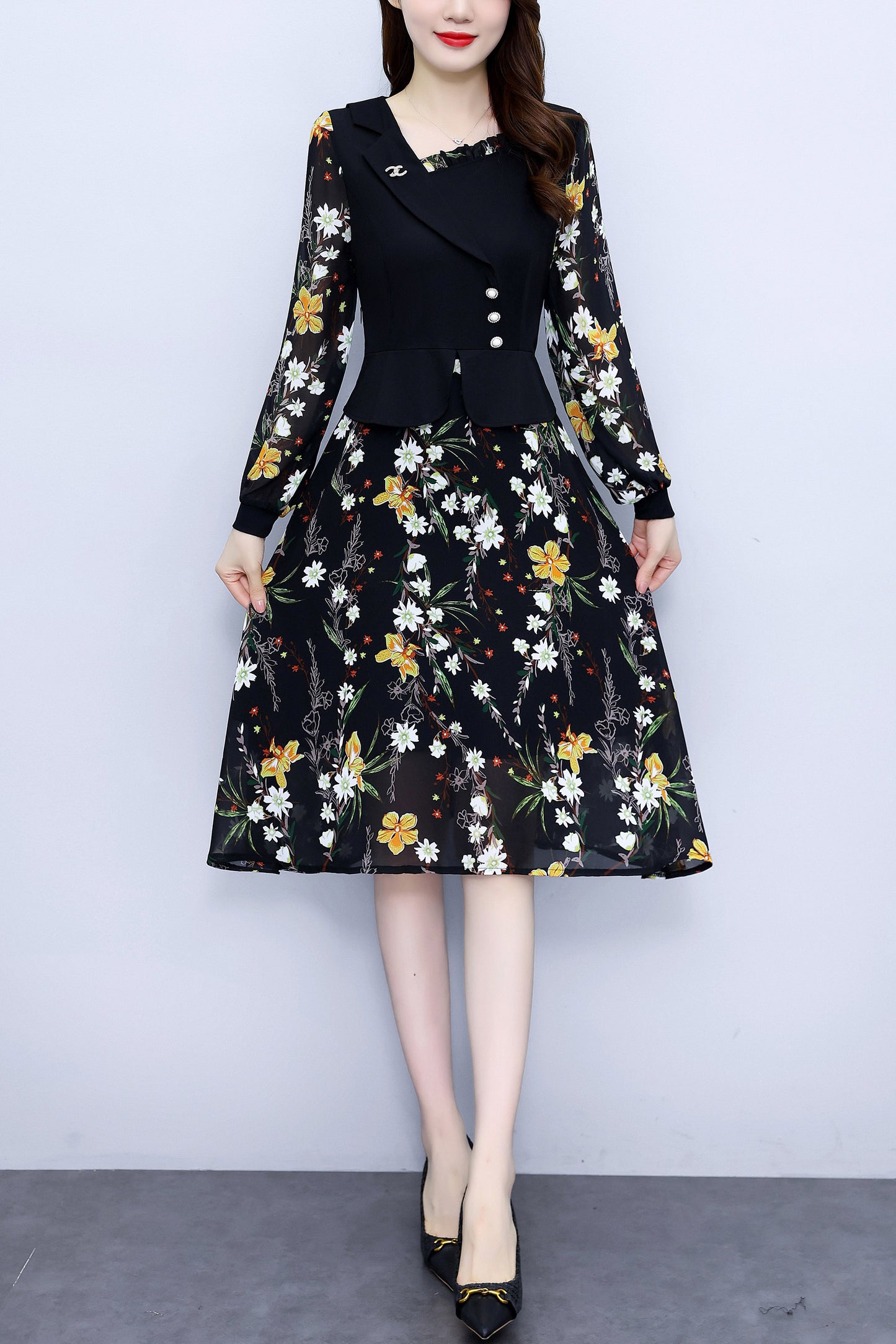 Women's Elegant Patchwork Design A-Line Midi Dress with Pockets