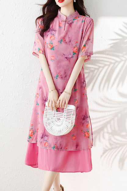 Pink Floral Cheongsam Fake Two Pieces Dress
