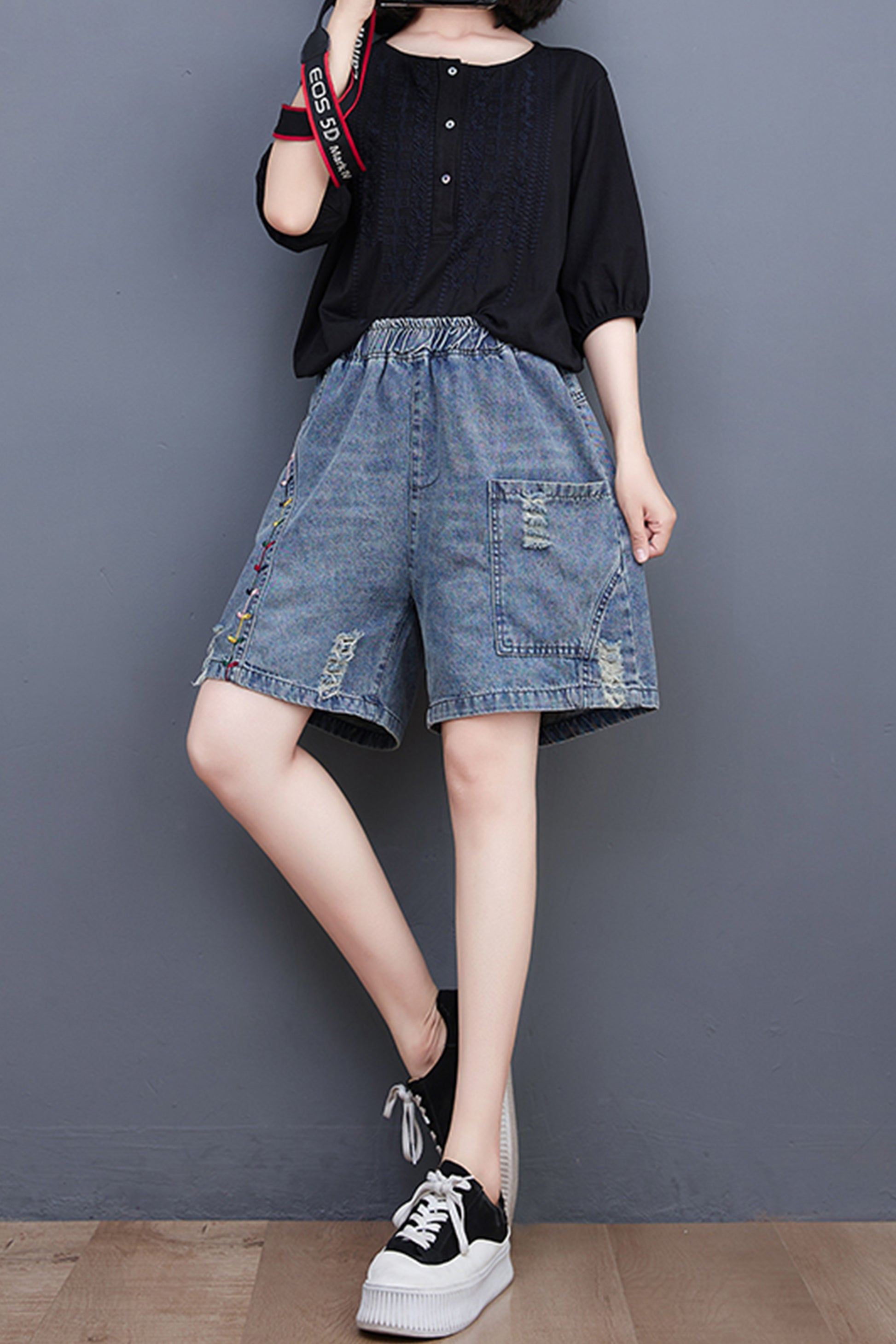 Women's Baggy Pull On Jeans Ripped Denim Shorts - LAI MENG FIVE CATS