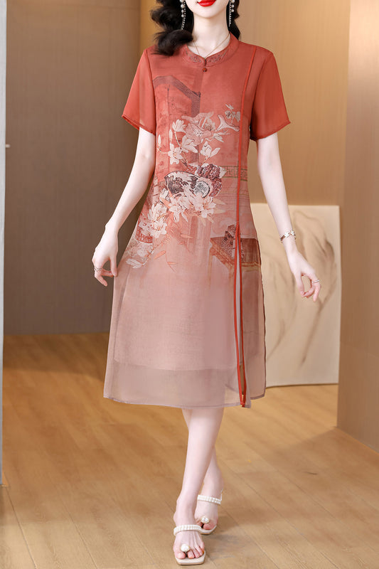 Red Floral Cheongsam Fake Two Pieces Dress