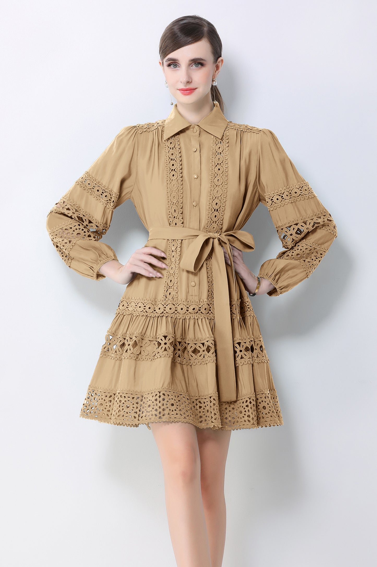 Women's Hollow Out Lace Puff Sleeve Button Mini Dress - LAI MENG FIVE CATS